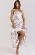 Women's White Floral Print Corset Maxi Dress Spaghetti Strap Pleated A-Line Summer Elegant Long Vacation Gown