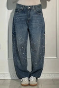 Casual High Waist Jeans Straight Leg Elegant Commuter with Lightweight Rhinestone Embellishment Full Length Spring Women Jeans