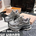Women Silver Metallic Mesh Chunky Platform Sneakers Height‑increasing Lace‑up Breathable Patchwork Non‑slip Lightweight Ladies