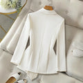 Women White Blazer Asymmetrical Pleated Hem Single Button Waist Fit Commuter Suit Jacket
