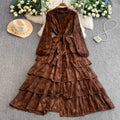 French Resort Style Heavy Work Embroidered Lace Crew Neck Dress Women Autumn Waist Slim Elegant Tiered Cake Maxi Dress