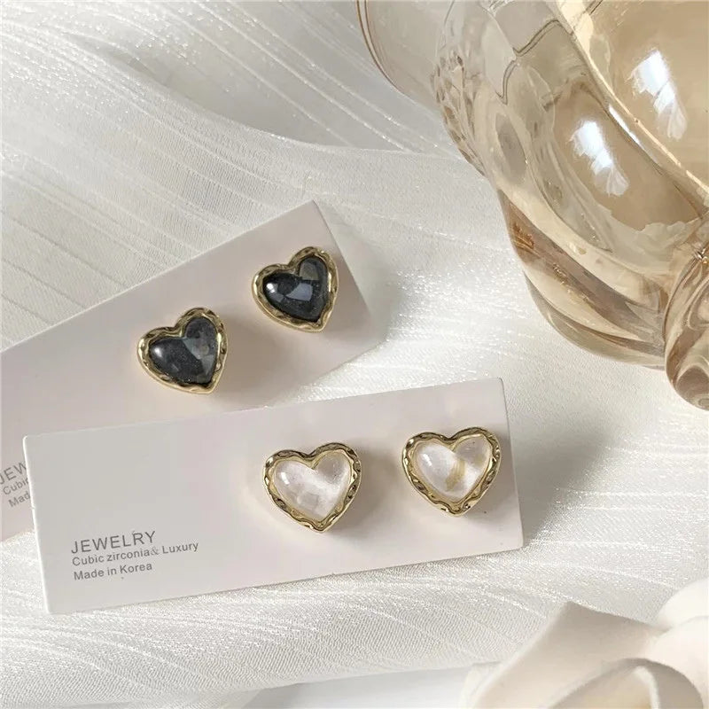 FTCY Trendy Heart Stud Earrings for Women Classic Black White Peach Heart Shape Earrings Women Fashion Korean Jewelry Gifts