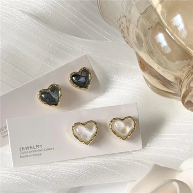 FTCY Trendy Heart Stud Earrings for Women Classic Black White Peach Heart Shape Earrings Women Fashion Korean Jewelry Gifts