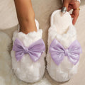 Korean Purple Silk Bowknot Home Cotton Shoes 2026 Winter Thicken Warm Long Plush Indoor Slippers Women's Light Anti Slip Slides