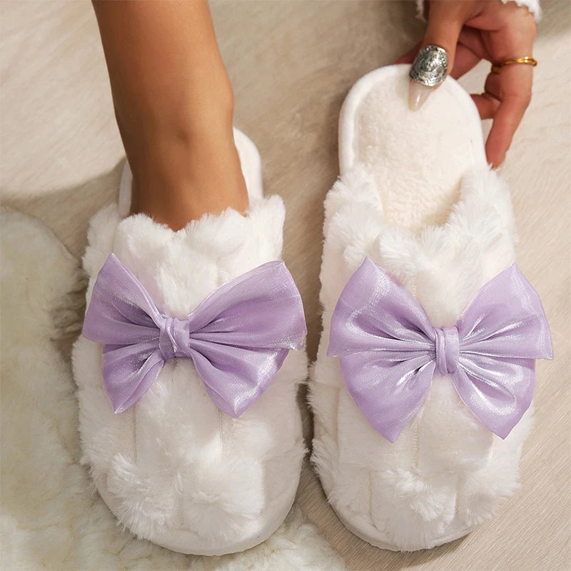 Korean Purple Silk Bowknot Home Cotton Shoes 2026 Winter Thicken Warm Long Plush Indoor Slippers Women's Light Anti Slip Slides