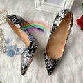 Autumn new style open toed slim heel 12cm black and white personalized graffiti patent leather pointed high heels single shoe