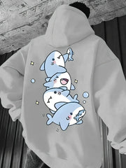 Kawaii Oversize Hoodie for Men and Women Cute Stacked Cartoon Shark Graphic Print Autumn Winter Loose Casual Pullover Sweatshirt