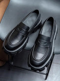 Mens Genuine Leather Derby Shoes Slip-On Round Toe British Style Platform Loafers Men Business Casual Patent Leather Dress Shoes