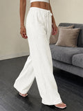Women Pleated Fake-Drawstring Wide Leg Pants Elastic High Waist Loose Trousers Soft Breathable Casual Yoga Pants With Pockets