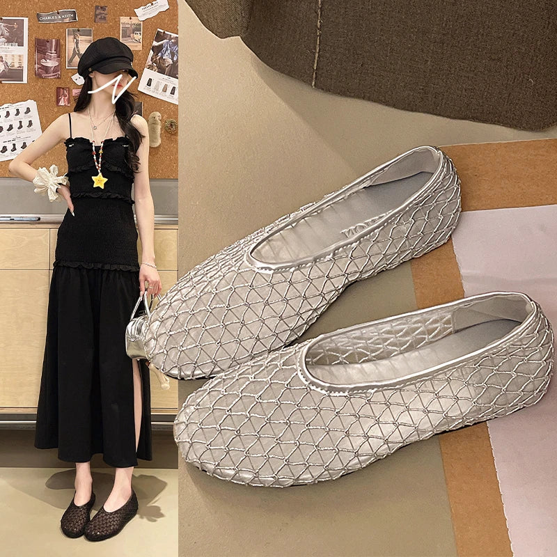 In Summer, Wear Round Toe, Straight Buckles, Casual and Comfortable, Women's Flats, Cut-out Mary Jane Single Shoes,fishnet Shoes