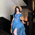 French Style Seaside Vacation Dress Women Summer 2026 New Blue Floral Irregular Design Chic Long Dresses Vintage Women Clothes