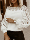 Women Top Elegant 2025 ZANZEA Women Spring Plush Pullovers Sweaters Elegant Long Lantern Sleeve Shirt Tunic Fashion Lace Hollow Fur Top Streetwear