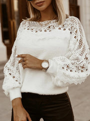 Women Top Elegant 2025 ZANZEA Women Spring Plush Pullovers Sweaters Elegant Long Lantern Sleeve Shirt Tunic Fashion Lace Hollow Fur Top Streetwear