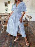 Summer Large Size Women's Romantic Floral V-Neck Short Sleeve Waist-Cinched A-Line Holiday Dress