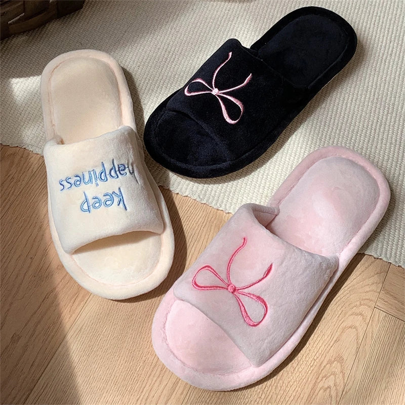 XIXITIAO Women's Home Slippers New Bow Embroidery Comfort Plush Casual Indoor Anti Slip Open-toe Floor Shoes, Ladies Flat Shoes