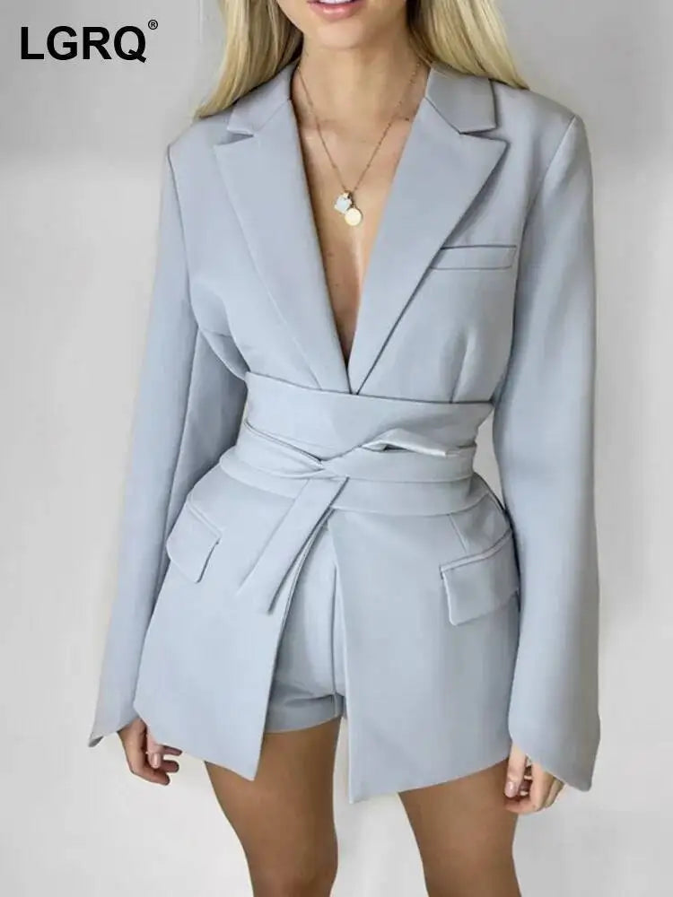 LGRQ Women's Bandage high Waist Blazer ,Fashion Long Sleeves Lapel Long Sleeve Solid Color Jackets, 2026 spring