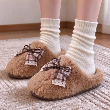 Sweet Plaid Bowknot Fluffy Fur Indoor Slippers Women Winter 2026 Warm Fleece Plush Home Slippers Women Cute Furry Cotton Slides
