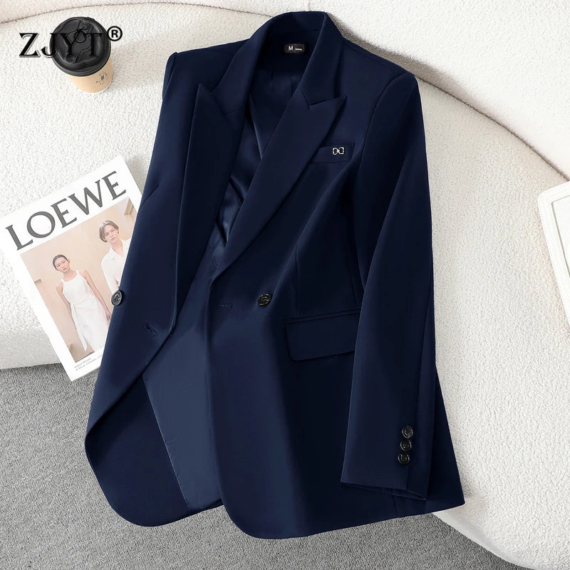 ZJYT Brief Elegant Chic Women Blazer Autumn Winter 2026 Korean Style Solid Blue Casual Jackets and Coats Plus Size Outerwear Top
