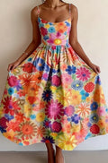 Women's New Summer Style Colorful Floral Print Spaghetti Strap Waist-Cinching A-Line Dress with a Large Hem, Casual Vacation Style, Suitable for Beach Vacations, Weekend Outings, Summer Dates, Picnics, and Casual Strolls