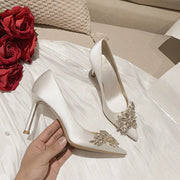 Maogu Satin Rhinestone Crystal Shallow Pumps Stiletto High Heel Luxury Women's Shoe 2023 Spring White Women Bridal Wedding Shoes