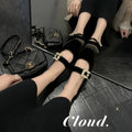 2025 Luxury Shoes Mary Jeans Woman Velvet Med-High Heels&Flats Heeled Loafers Crystal Leather Belt Strap Ballets Femme Chaussure