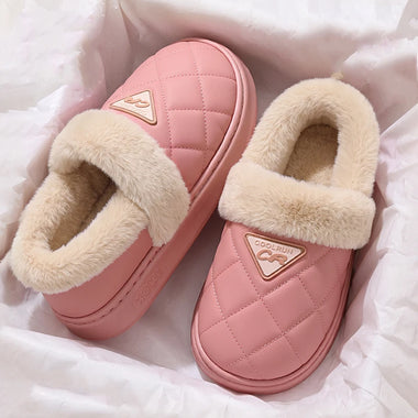 Pu Leather Waterproof Thick Bottom Plush Slippers Women Warm Anti Slip Platform Cotton Padded Shoes Soft Sole Fluffy Snow Boots