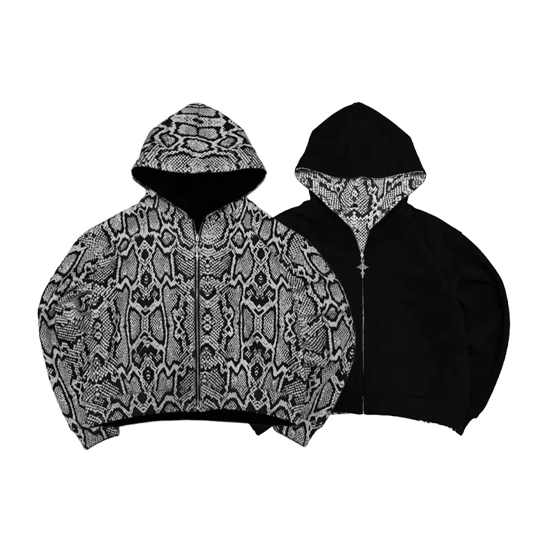 Women Zip Up Hoodie Reversible Double Sided Snakeskin Print Long Sleeve Casual Y2K Streetwear Loose Fit Hooded Sweatshirt Jacket