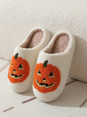 Autumn Winter Halloween Pumpkin Embroidery Fluffy Plush Slippers Warm Non Slip Unisex Closed Toe Indoor Bedroom Shoes