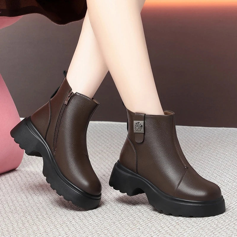 Women White Platform Leather  Boots 2026 New Lace Up With Double Side Zippers Thick Lug Sole Casual Style Fashion ALL Seasons