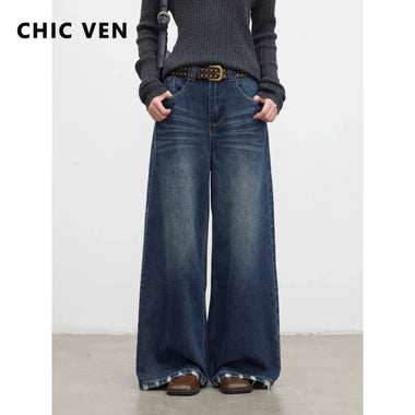 Women High Waisted Jeans Pants CHIC VEN New Women Denim Pants Blue Loose Casual High Waisted Female Wide Leg Jeans Ladies Trousers Spring Autumn 2026