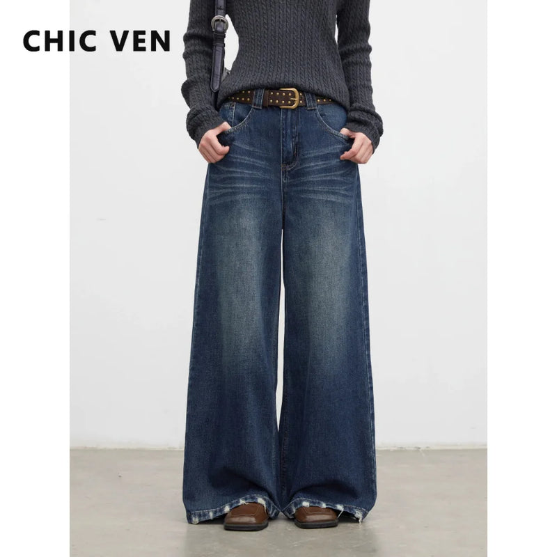 Women High Waisted Jeans Pants CHIC VEN New Women Denim Pants Blue Loose Casual High Waisted Female Wide Leg Jeans Ladies Trousers Spring Autumn 2026