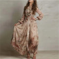 Spring Elegant Long Sleeve Boho Chiffon Long Dresses For Women O Neck Slim Vintage Floral Print High Waist Pleated Holiday Dress