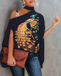 Women Halter Cold Shoulder Blouse Asymmetric Batwing Sleeve Metal Buckle Printed Loose Casual Tunic Top