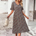 plus Size Floral Print V-Neck Ruffled Short Sleeve Dress Elegant Comfortable Skirt for Vacation Wear
