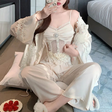 Female 3PCS Pajamas Set Elegant French Court Style Shirt Sling Pants Sleepwear Autumn Silk Satin Lounge Wewar