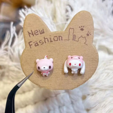 Cartoon Kawaii Asymmetry Pink Bunny Bear Stud Earrings For Women Trendy Cute Ears Accessories Jewelry Girl Gift Party Daily Wear