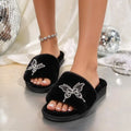 Korea Style Rhinestone Butterfly Indoor Slippers Women Winter 2026 Warm Plush Girl Slippers Brand Design Black Furry Fur Slides