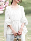 ZANZEA Elegant Lace Stitching Blouse 2024 Summer Chic Lantern 3/4 Sleeve Pleated Shirt Women Chemise Casual Loose Tops Oversiezd