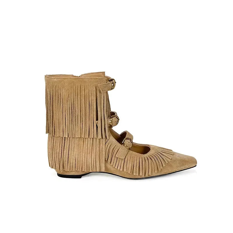 2026 new women's fringed cool boots versatile medium heel hollow flat bottom inner height-increasing short boots