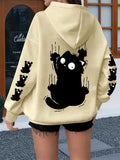 Scared little black cat minimalist black and white print hoodie for large size women's sweatshirt winter clothes women