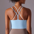 STOUREG Women's Sports Bra Naked Feel Seamless Fake Two Layer Backless Built-in Cup Yoga Running Workout Top