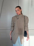 Vintage Stripe Plaid Blazer Women Stand Collar One Button Pocket Suit Jacket 2026 Spring Lady New Fashion Commute Street Outwear