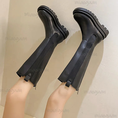 Women Knee-High Chelsea Boots Elastic Side Tall Botas Round Toe Back Zipper Long Boots Non Slip Fashion Riding Boots for Autumn