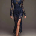 Maxi Floral Dress Women Bodycon Solid Lace Maxi Dress High Mock Neck Long Sleeve Ruched Side High Slit Hem Sheer Floral Dress Evening Prom Dresses