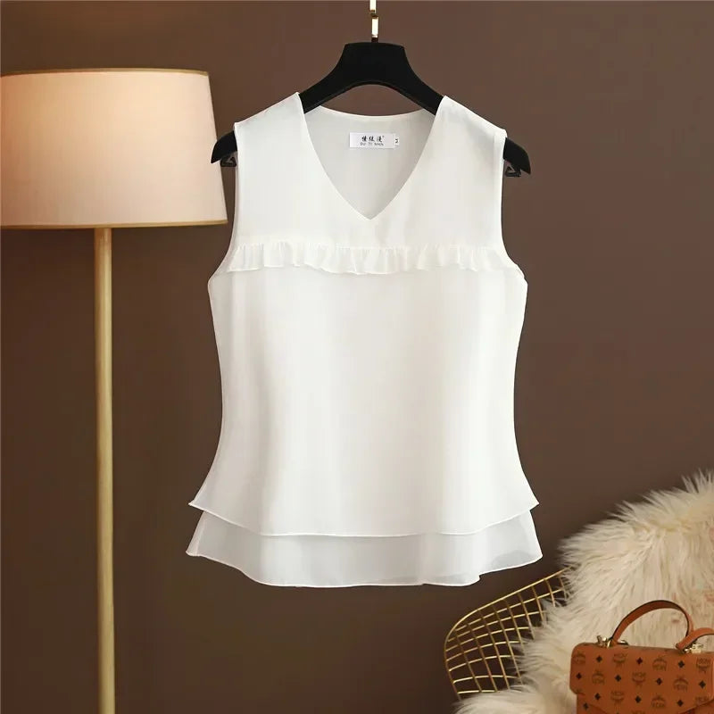 2026 Fashion Brand Summer Top Ladies Plus-size Loose Cover Belly Chiffon Shirt Sleeveless V-neck Temperament Small Shirt Blouse