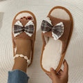Sweet Plaid Bowknot Plush Home Slippers Women Indoor Open Toe Non Slip Cotton Slides Plus Size 45 Soft Sole House Floor Shoes