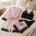 Women's 4-Piece Faux Silk Satin Pajama Set with Lace Trim Robe, Camisole, Shorts and Panties, Spring Loungewear, XS-XXL