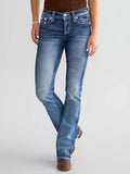 Embroidered Jeans High Waist Slim Straight Leg Washed Blue Denim Pants Decorative Back Pockets Casual Streetwear Women's Jeans