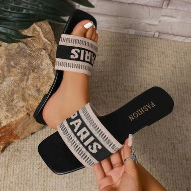 Fashion Mixed Colors Letter Flat Slippers Women Plus Size Light Square Toe Casual Slippers Comfort Soft Sole Anti Slip Slides
