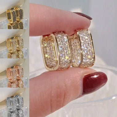Shiny Geometric Square Earrings Elegant Korean-Style Zirconia Stud Earrings Luxury Full-Paved Women Jewelry Gift for Women